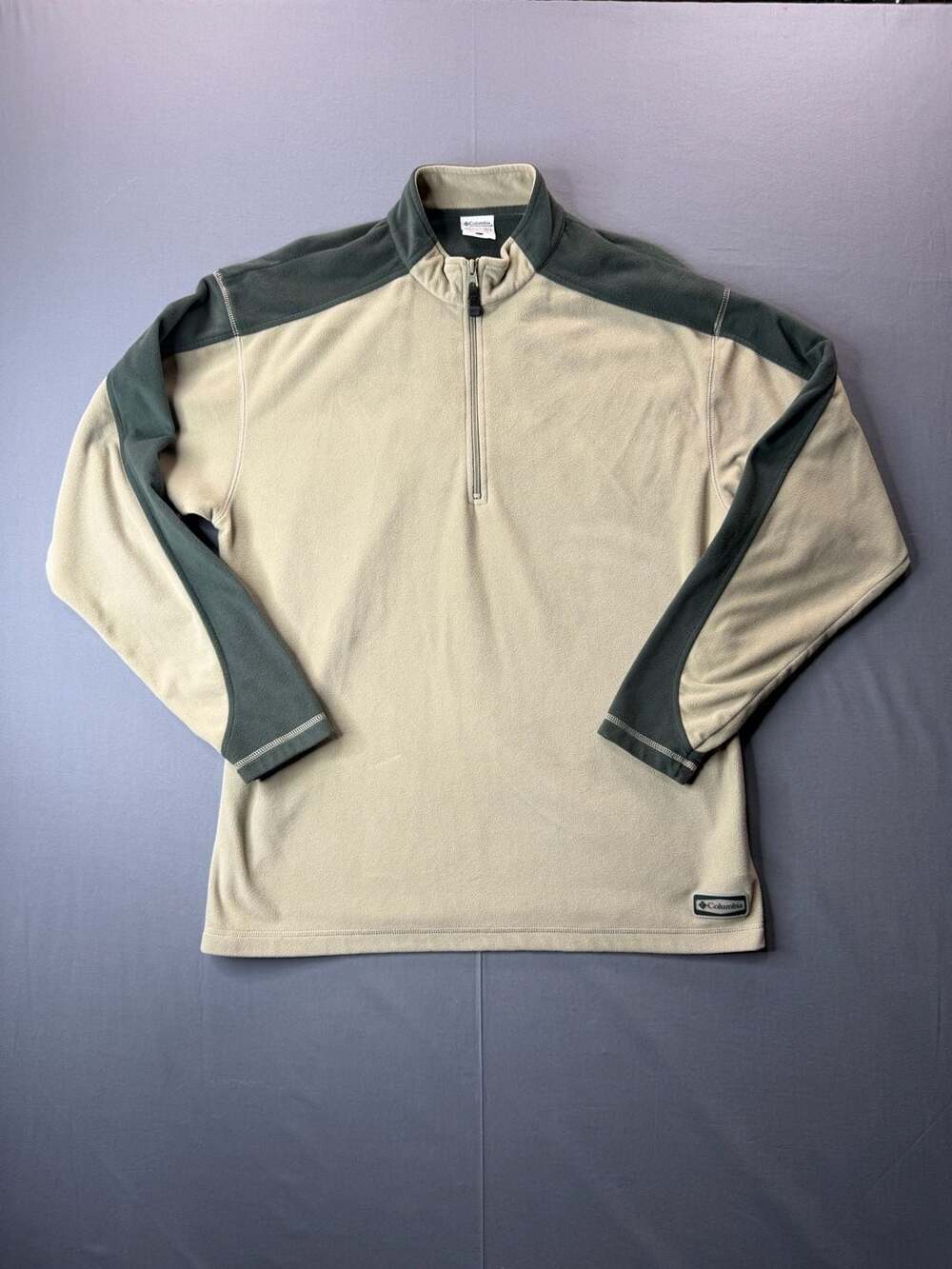 CLEAN Columbia Sportswear Mens Large Beige & Dark Green 1/4 Zip Fleece Pullover